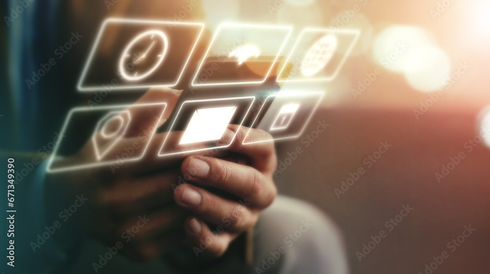 Poster Erp pp graphic, phone icon application and hands with mobile and digital dashboard data. Media application, 3d software and futuristic ai hologram for cloud computing and user web networking