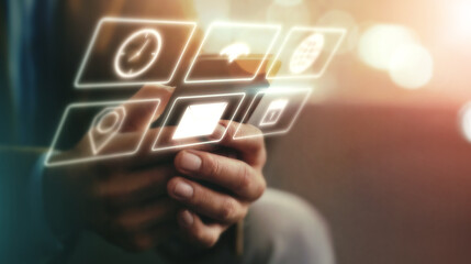 Erp pp graphic, phone icon application and hands with mobile and digital dashboard data. Media application, 3d software and futuristic ai hologram for cloud computing and user web networking