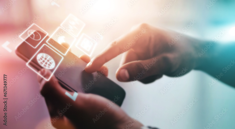 Fototapete Business man, app icon and technology abstract with hologram, communication and 3D, chat and email with internet. Digital overlay, smartphone in hands and scroll, futuristic with connection and wifi