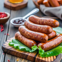 Sausages cooked on a wooden board rustic food and vegetables
