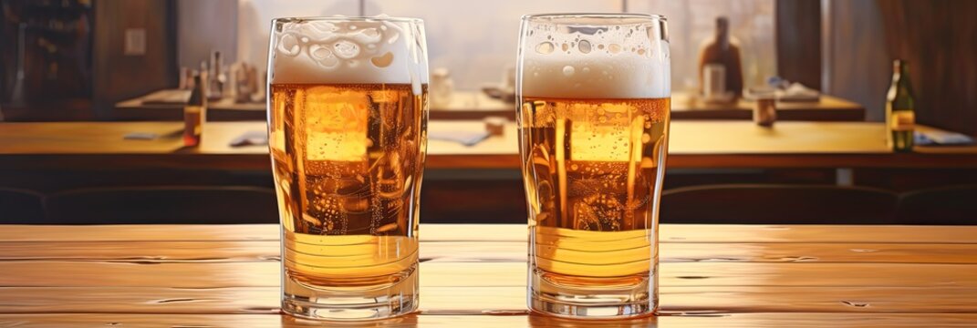 painting of two glasses of beer on bar table, generative AI