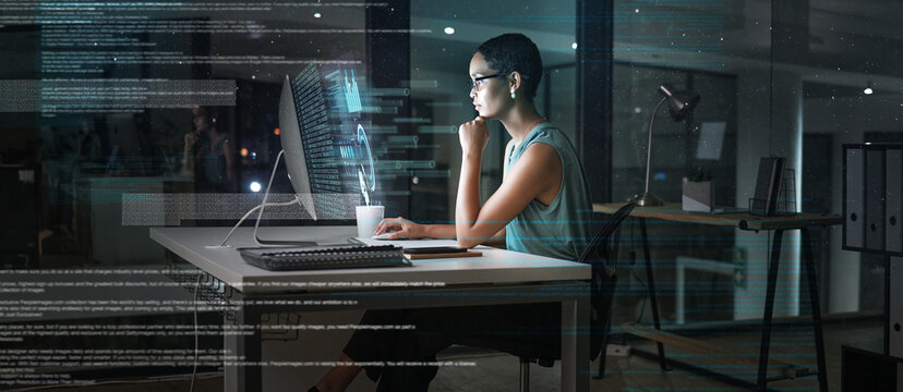 Future computer hologram, thinking and woman review finance chart, stock market database or ui night overlay. Forex investment idea, hud data analysis and African trader trading NFT or bitcoin crypto