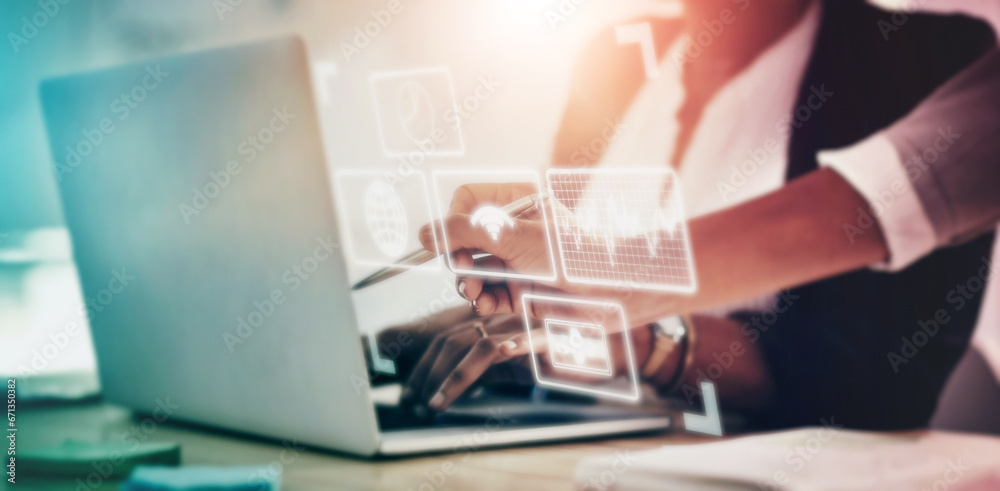Poster Laptop app, software hologram and woman hands in team for futuristic information technology. Website, online applications and digital transformation of a it employee working on ux database and iot