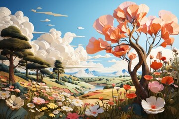 Hill covered in vibrant wildflowers and cartoon trees, Generative AI