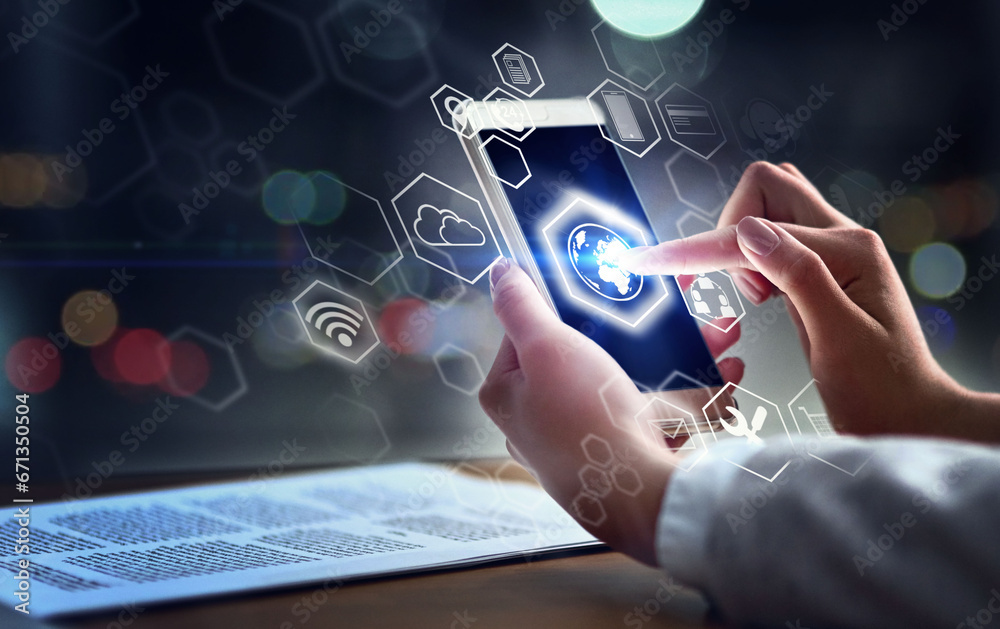 Poster hands, phone and digital transformation at night for global communication, networking or technology 