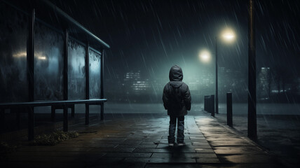 A mysterious illustration of a young child waiting at a bus stop late at night. Ominous fog and mist illuminated by lamp posts.