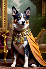 portrait of a regal Australian cattle dog (blue heeler/Queensland heeler) wearing a royal cloak in a palace - obrazy, fototapety, plakaty