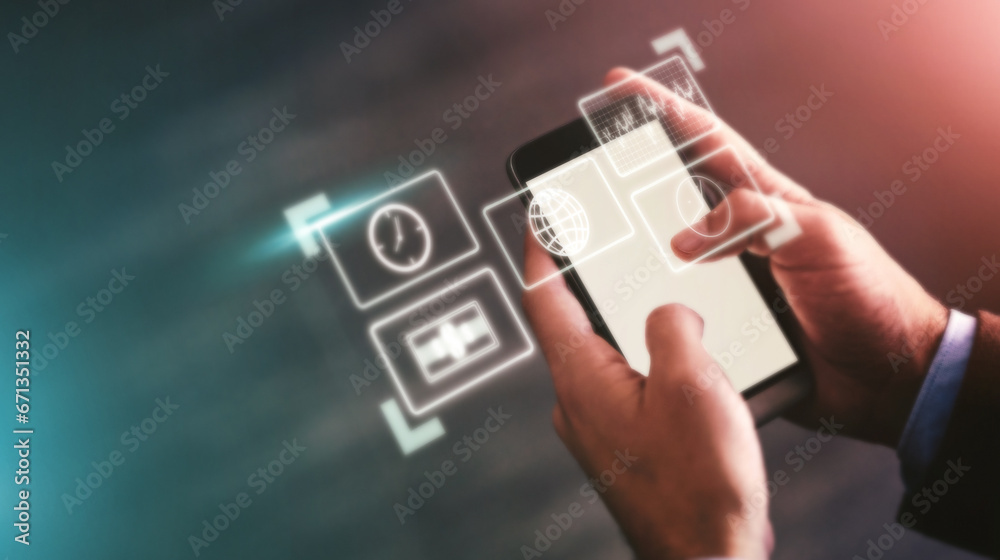 Aufkleber Business man, mobile app icons and technology abstract with hologram, communication and 3D, chat and email. Digital overlay, smartphone in hands and mockup space, futuristic with connection and wifi
