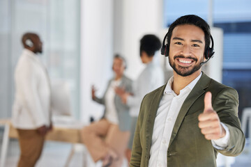 Asian man, call center and portrait smile with thumbs up for good job, thank you or agree at the...