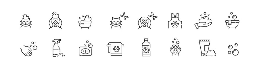 Pet spa, bath and grooming services. Taking care of dogs and cats. Pixel perfect, editable stroke icon
