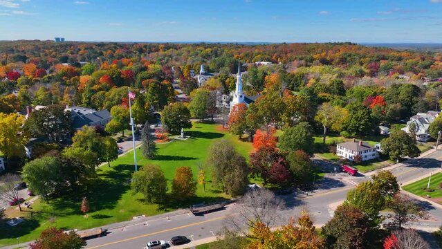 Lexington town center aerial view in fall on Lexington Common and First Parish Church, town of Lexington, Massachusetts MA, USA. 