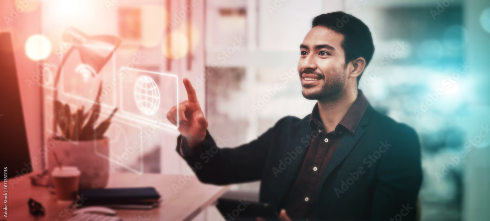 Leinwandbilder Man, office and night with finger by hologram overlay for web design, innovation and 3d ux for typing. Programming expert, holographic ui or website with smile, cloud computing or analysis for coding