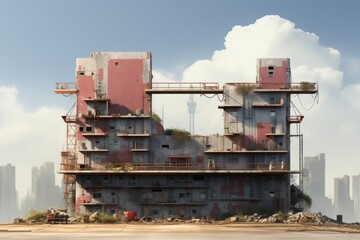 Cityscape with skyscrapers and a Hello, Under Construction sign on a billboard, portraying urban development, Generative AI