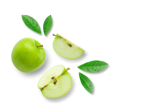 Green apple has water drop with slices and green leaves isolated on white background. top view , flat lay.