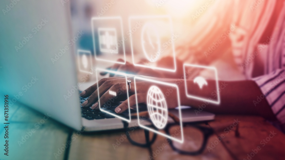 Poster laptop, overlay and icon with a woman in an internet cafe doing a search for global or financial dat