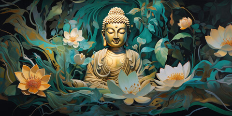glowing 3d golden buddha and Abstract gold painted oil decorated with flowers - obrazy, fototapety, plakaty