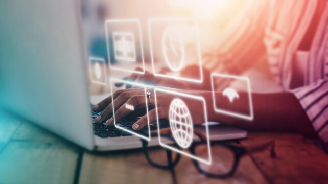 Laptop, overlay and icon with a woman in an internet cafe doing a search for global or financial data. Computer, app or stock market with a person working on information research in a coffee shop