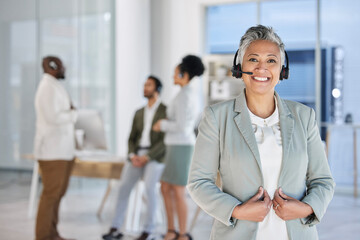 Senior woman, call center portrait and teamwork in blurred background with smile, happiness and...