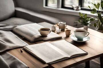 Close-up of an open book, cup and tea towel on a table in a living room