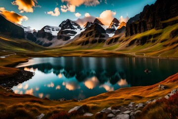 Fototapeta na wymiar Fantastic evening panorama of Bachalp lake / Bachalpsee, Switzerland. Picturesque autumn sunset in Swiss alps, Grindelwald, Bernese Oberland, Europe. Beauty of nature concept 