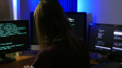 A fast computer programmer girl. The female engineer is programming code in an artificial intelligence research lab using multiple screens and computer terminals - Powered by Adobe