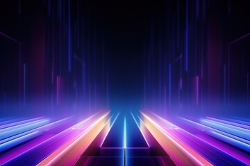 Colorful prisms emitting neon lights amidst darkness. Abstract symmetry futuristic background