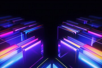 Colorful prisms emitting neon lights amidst darkness. Abstract symmetry futuristic background - obrazy, fototapety, plakaty