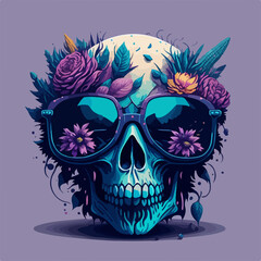 Obraz premium Add some playfulness to your wardrobe with this fun t-shirt design, featuring a skull wearing sunglasses and surrounded by colorful flowers, seemingly enjoying life to the fullest.