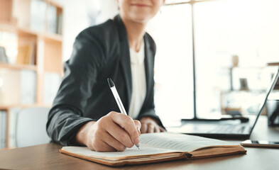 Planning, writing and notebook with hands of woman in office for schedule, research and information. Agenda, creative and strategy with employee and laptop for search, idea and proposal in startup