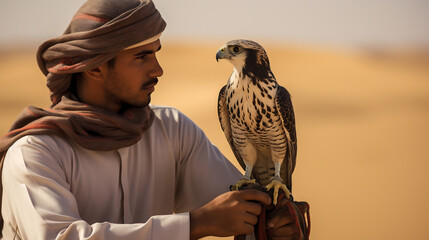 Portrait arabic middle-eastern man wearing arab kandura holding falcon in the desert - obrazy, fototapety, plakaty