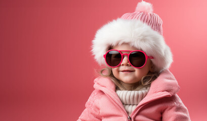 Little girl in pink winter attire with funky sunglasses against a vibrant red background.