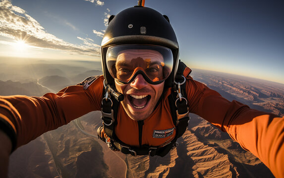  Man jumps with parashute. Skydiver freedom concept. Desert skydive background.