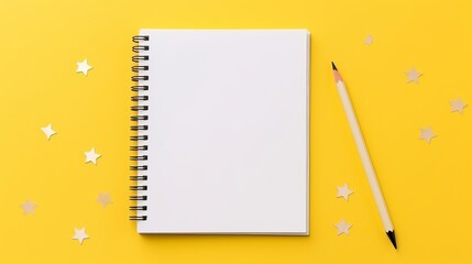 back to school supplies: blank notebook and stationery on yellow background, flat lay with text...