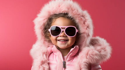 Cheerful little girl wearing fluffy pink hood and sunglasses smiles on a red background.