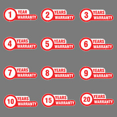 Set of years warranty stamp labels, collection of year warranty badges