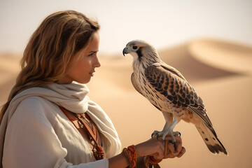 Portrait arabic middle-eastern woman holding falcon in the desert - obrazy, fototapety, plakaty
