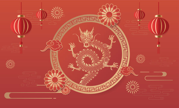 Traditional 3d chinese dragon illustration vector Banner chinese dragon 2024. New Year of the Dragon 2024.translate:happy new year