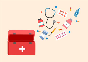 Medical equipment with stethoscope, medicine capsule, pills and syringe in flat design. First aid box. Healthcare. 