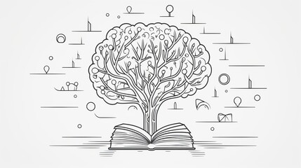 Creative Thinking and Idea Concept - Brain and Light bulb with book, continuous vector education and literature, minimalist contour hand-drawn metaphor line art