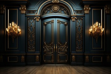 Grand entrance with double doors partially open, leading to a dark and luxurious interior, Generative AI