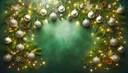 Fototapeta premium Christmas background with green fir tree branches, silver balls and garland lights. Generative ai.