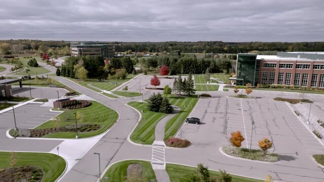 MSUFCU Headquarters building in East Lansing, Michigan with drone video moving left to right.