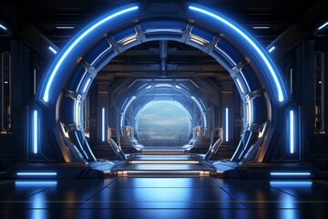Sci-fi futuristic door with neon accents, slightly open to reveal a high-tech, dimly lit room, Generative AI