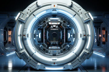 Space station airlock door slightly open, exposing the darkness of outer space beyond, Generative AI