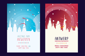 Belgium Antwerp city poster with Christmas skyline, cityscape, landmarks. Winter holiday, New Year vertical vector layout for brochure, website, flyer, leaflet, postcard