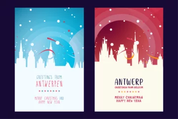 Store enrouleur Anvers Belgium Antwerp city poster with Christmas skyline, cityscape, landmarks. Winter holiday, New Year vertical vector layout for brochure, website, flyer, leaflet, postcard
