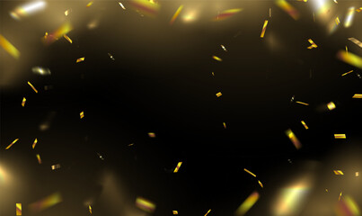 Golden confetti isolated on black background. Festive tinsel of gold color. Sparkling magical dust particles. Christmas background. Celebration Event and Party,Luxury anniversary. Holiday Vector EPS10