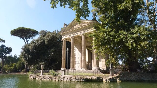 Temple of Aesculapius - Close Up View in Villa Borghese, Rome, Italy. Slow Motion
