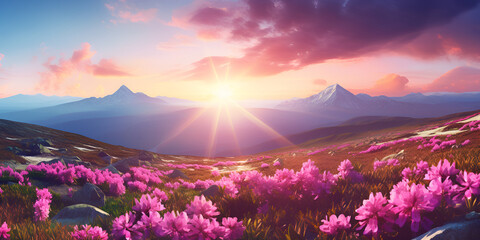 The sun is rising over the mountains and flowers,sunrise, mountains, flowers, mountain landscape, dawn, Sunrise Landscape with Wildflowers - obrazy, fototapety, plakaty