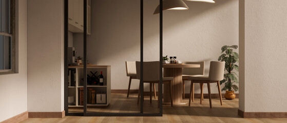 Interior design of a minimal Scandinavian dining room with a dining table and a sliding door.